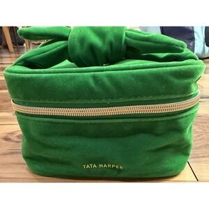 Tata Harper Green Velvet Cosmetic Makeup Bag Bow Travel Case Gold Hardware Zip